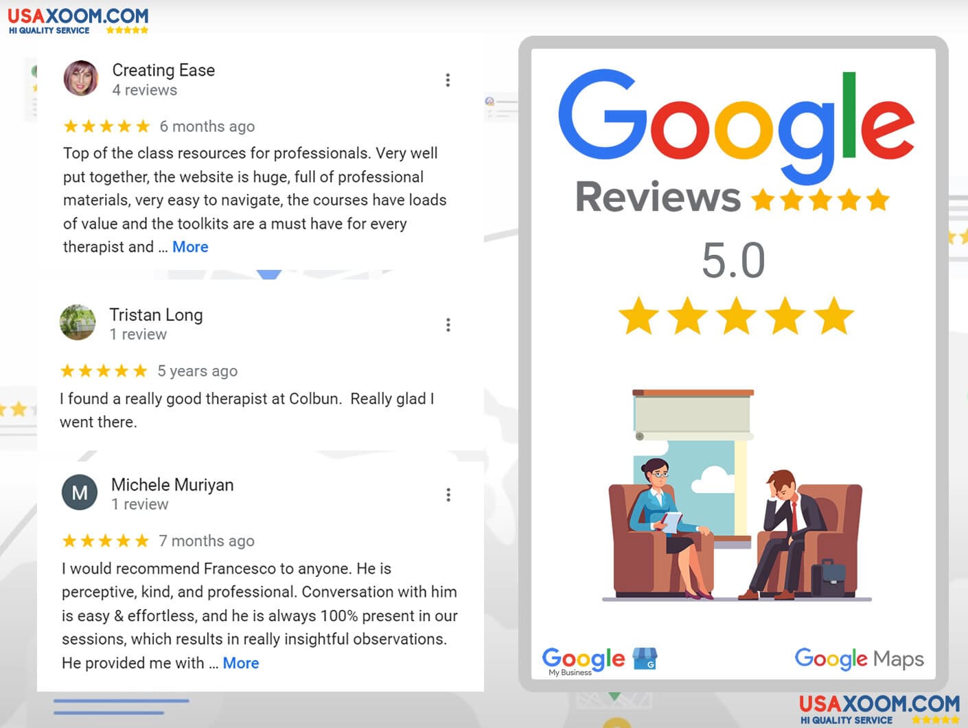 Google reviews for Therapists - A group of therapists discussing positive online reviews.